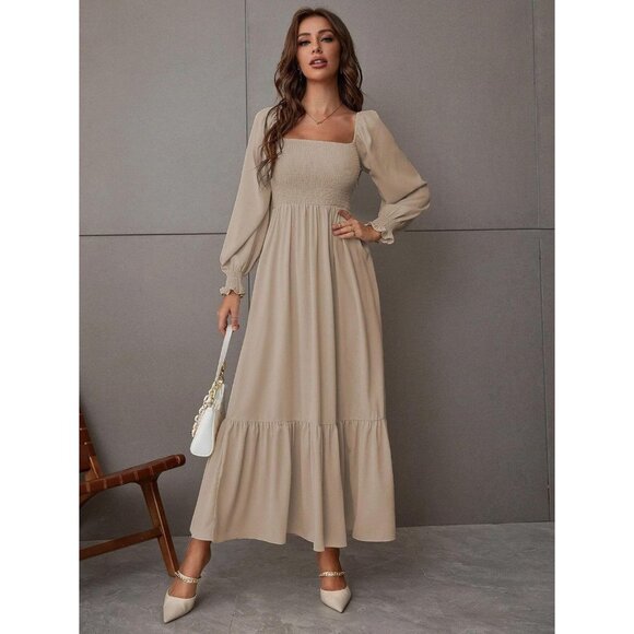 Women's Casual Maxi Dress Square Neck Long Sleeve Ruffle Shirred Flowing - Picture 5 of 7
